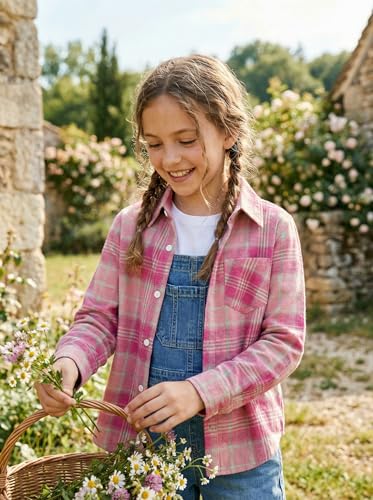 Image of SELINK Girls Long Sleeve Flannel Buffalo Plaid Button Down Shirt | Soft Flannel Fabric,Classic Buffalo Plaid Button Down Collared Blouse For Girls Casual Daily Outfits