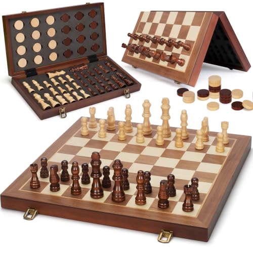 2 in 1 Magnetic Chess Set & Checkers Board Game, 15' Wooden Folding Chess Board with 2 Extra Queens,...
