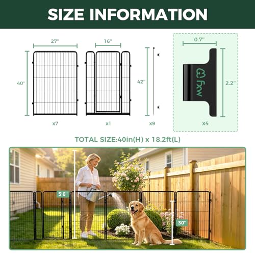Image of FXW Garden Fence Outdoor for the Yard - 40in(H) x 18.2ft(L) Heavy Duty Metal Animal Barrier for Dog, No Dig Decorative Dog Fence with Fence-to-Wall Anchor (Pack of 4), 8 Panels, Black