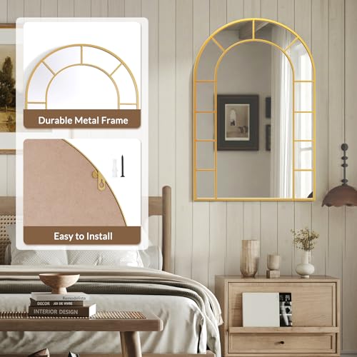 Image of Window Arched Wall Mirror Decor - Farmhouse Gold Arch Mirror for Wall Decor Living Room,Window Pane Frame for Fireplace,Hallway,Dining Room,Entryway, Bedroom,Large 36 inchX24 inch Metal Frame