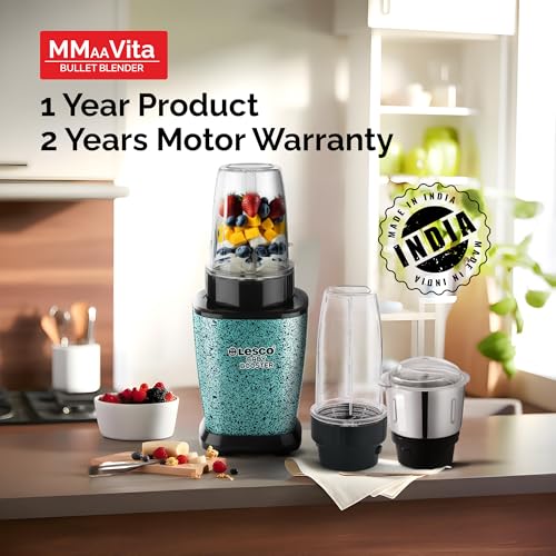 Image of Lesco Mixer Grinder 500W Blender Smoothie Maker with 3 Stainless Steel Jars and Copper Motor, 2 Years Warranty 21000 RPM Fine Grind in 20 secs, Baby Booster, Green