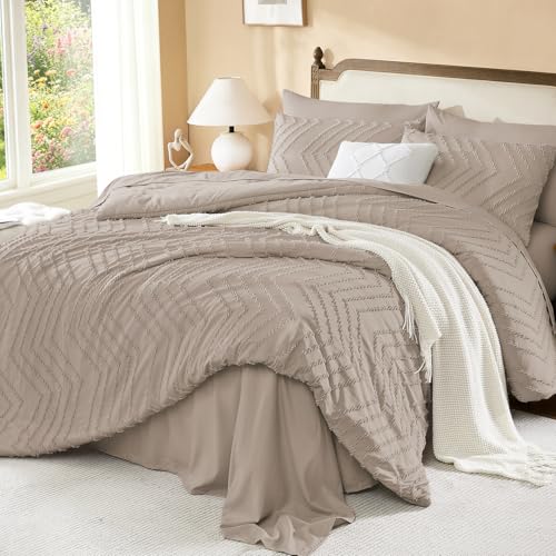 Image of Litanika Light Coffee Queen Size Comforter Set with Sheets - 7 Pieces Bed in a Bag Queen Boho Tufted Complete Bedding Sets with Comforter, Sheets, Pillowcases & Shams