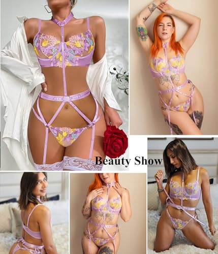 Avidlove ALL010066_PAT2_XXL 3 Piece Set With Exotic Choker High Waisted Belt G String Strappy Garter Mini Teddy Lingerie Violet thumb #1