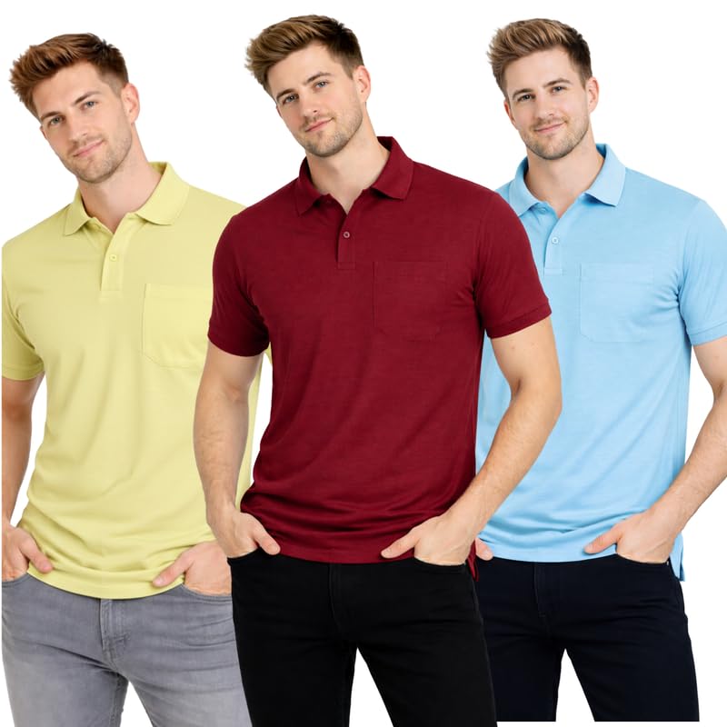 SMAN Polo Neck T-Shirt Pack of 3 for Men & Boys | Half Sleeve Collar Tee with Pocket | Premium Spun Matty Fabric | Casual & Office Wear | Sizes M to 2XL | FX_PO3_MCR_MRN_Sky-picture-54