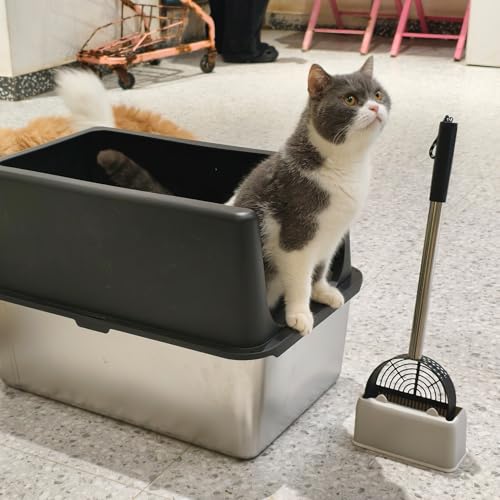 Arenero alto para gato de acero inoxidable con tapa y pala miniatura 1