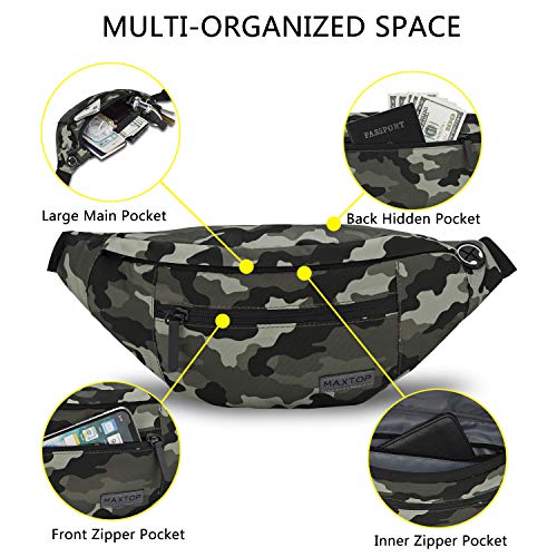 Image of Large Camo Fanny Pack Belt Bag with 4-Zipper Pockets Gifts for Enjoy Festival Sports Workout Traveling Running Casual Hands-Free Water-Resistant Waist Pack Bag Carrying All Size of Phones
