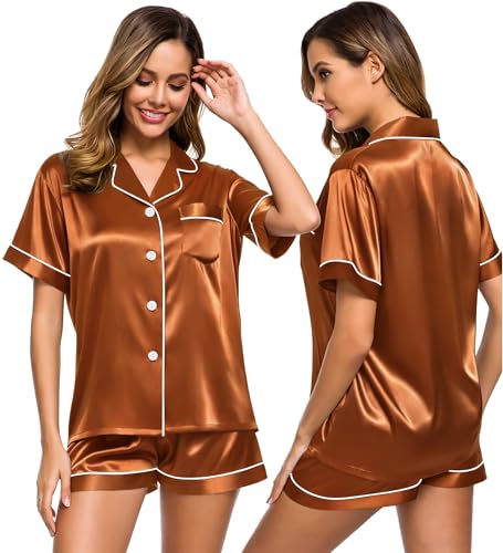 Image of SWOMOG Womens Silk Satin Pajamas Set Short Sleeve Sleepwear Button Down Top and Shorts Loungewear 2 Piece Pjs Set XS-3XL