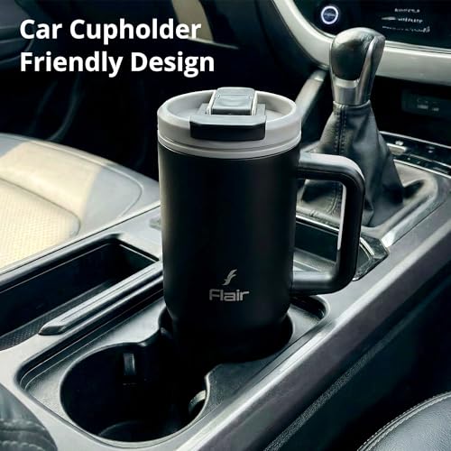 Image of FLAIR Vogue Vacuum Insulated Stainless Steel 750 ml Tumbler with Handle | 2-in-1 Lid with Flip Straw & Sip Spout -Black | Hot & Cold Beverage Mug | Leak Resistant