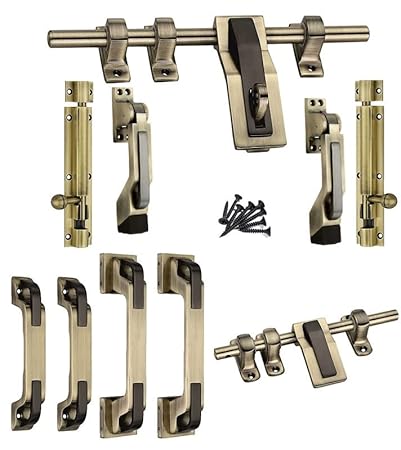 Shiv Sarika India Galaxy Zinc Alloy Heavy Double Door Fitting Accessories Full Set/Kit for Main Door (1 Aldrop, 1 Latch, 4 Handles, 2 Tower Bolt and 2 Door Stopper) (12 Inch,Antique Brass)