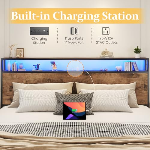 Image of Lifezone Queen Bed Frame with 2-Tier Storage Headboard, Metal Platform Bed Frame with 4 Storage Drawers, Built in Charging Station & LED, Noise-Free /Metal Support /No Box Spring Needed, Rustic Brown