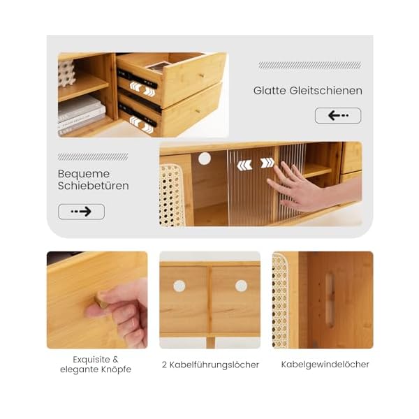 COSTWAY TV Schrank Bambus, TV Lowboard mit Rattan- & Glasschiebetüren, Fernsehtisch mit 2 Schubladen, Fernsehschrank für TVs bis 65 Zoll, für Wohnzimmer, 140 x 31 x 45,5 cm – Bild 5