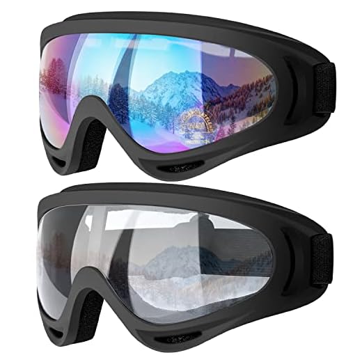 COOLOO Ski Goggles, Pack of 2, Snowboard Goggles for Kids, Boys & Girls, Youth, Men & Women, with Protection, Wind Resistance, Anti-Glare Lenses (Black/Transparent)