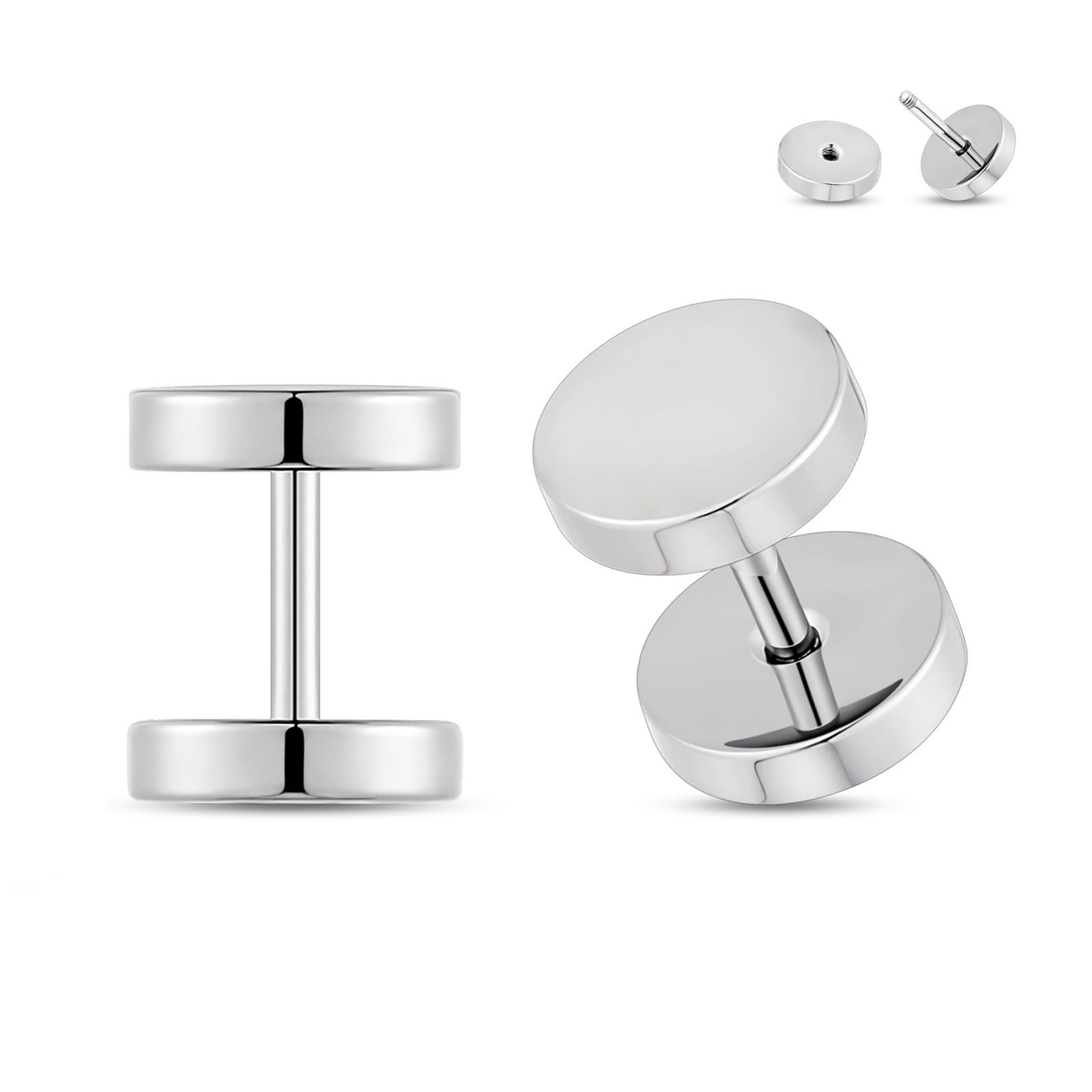 Longbeauty 1 par de pendientes de titanio G23 de 16 g (1,2 mm) de titanio falsos dilatadores para la oreja, color negro y plateado, para hombre y mujer, unisex, estilo punk