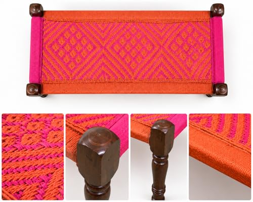 Image of Handwoven Wooden Bench | Traditional Rope Charpai Stool | Solid Wood Frame Seating for Living Room, Balcony & Outdoor | Durable & Stylish Design (Orange & Pick Finish)