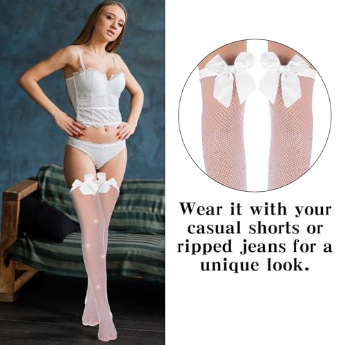 Image of CIATBYYJ 2 Pairs Hold up Stockings Fishnet Tights Suspenders with Bow, Sparkle Sexy Fishnet Mesh Hold Up Stockings for solo&Layer