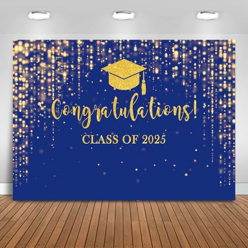 Mocsicka Class of 2025 Backdrop Blue Gold Glitter Bokeh Graduation Party Background 2025 Congrats Grad Prom Party Cake Table Decoration Photo Booth Props (7x5ft)