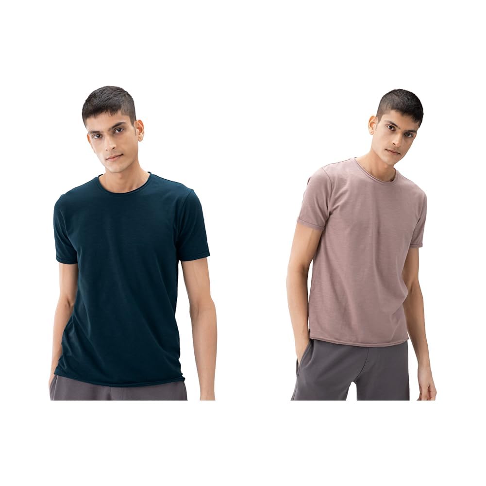 DAMENSCH Menâ€™s Slim Fit Cotton-Elastane Blend Half Sleeve Casual T-Shirt | Round Neck T-Shirt Pack of 2