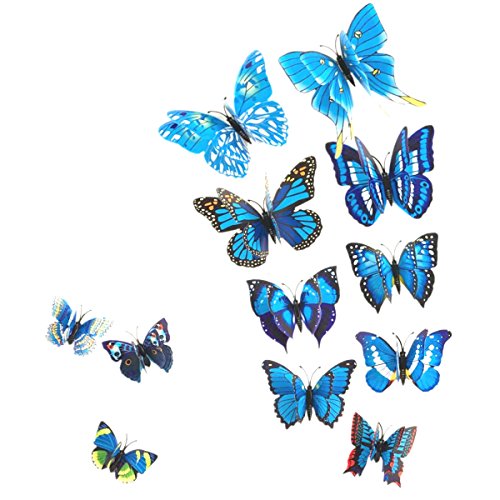 AKOAK 24 Pcs 3D Butterfly Wall Stickers, Double-Layer Wing Butterfly Art Decor Decals with Magnet and Double-Sided Adhesive for Room Home Nursery Decor,Blue