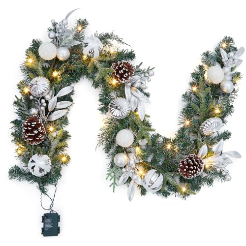 Pre-Lit-Christmas-Garland-with-Lights-6-Ft-Battery-Operated-Xmas-Garland-with-20-LED-Lights-Silver-White-Ball-Ornaments-Pine-Cones-for-Front-Door-Fireplace-Stair-Railing-Indoor-Outdoor-Decorations