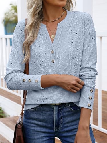 ANRABESS Womens Eyelet Tops Long Sleeve Henley Shirts Business Dressy Casual Blouse Vacation T-Shirt 2025 Fall Outfits