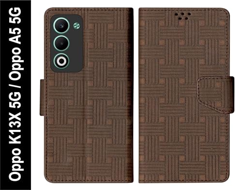 Image of SBMS Flip Cover for Oppo K13x 5G / Oppo A5 5G 6.67 inch Back Cover Case with Magnatic Closure | Inbuilt Stand | Card & Money Pocket (Mat Brown)
