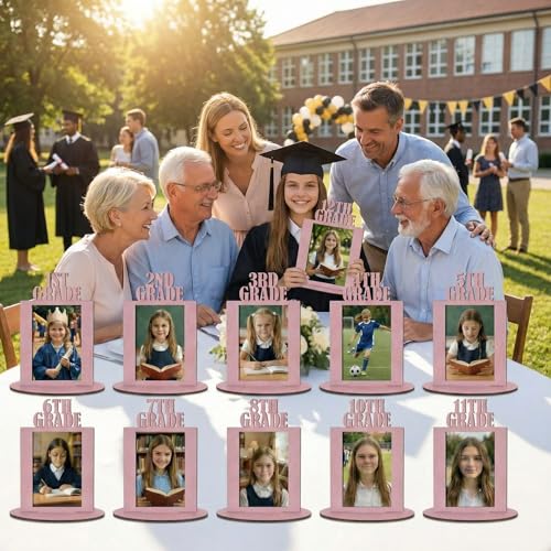 Image of AceOrbit 13 Pcs K-12 Picture Frame 4 x 6 Inch Kindergarten Through 12th Grade Picture Frame Grad School Photo Display for Graduation Party Supplies(Pink)