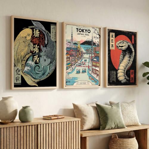Image of kotart Aesthetic Japanese Nature and City View Wall Framed Posters | Japanese Nature and City View Framed Poster for Living Room Bedroom Gaming Room Studio Wall Decor Set Of 3 (10X13 inch)