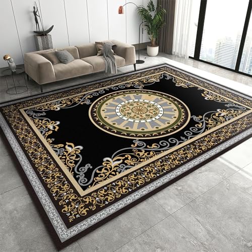 Vintage Boho Art Area Rug, Classical Black Gold Geometry Pattern Indoor Non Slip Living Room Rugs, Machine Washable Breathable Durable Carpet for Sofa Mat Bedroom Home Decor - 2 ft x 6 ft