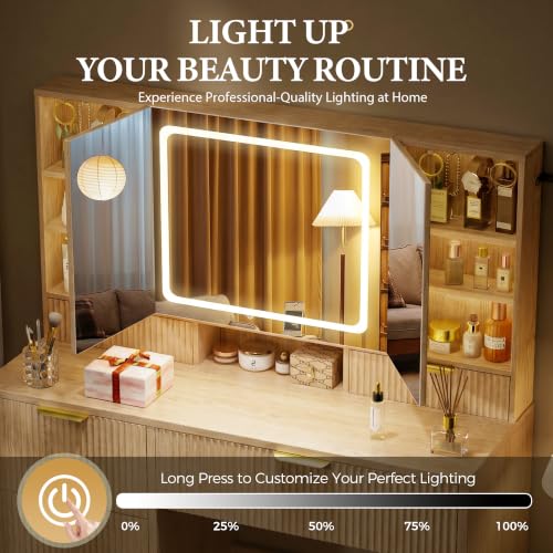 Image of COMHOMA Vanity Desk with 3-Way Mirror and Lights, Makeup Vanity with 360 View Mirror, 3 Lighting Modes, 6 Drawers,Storage Cabinet Fluted Wood Vanity Table with Jewelry Hook for Women Girls