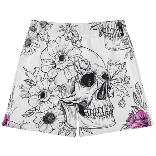 Girls Athletic Shorts Cute White Skulls Flowers Leaves Pink Printed Pajama Summer Kids Activewear Customized, X-Small