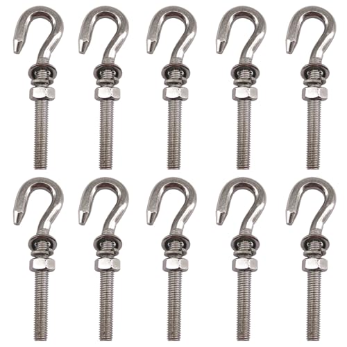 Image of M8 Long Shank Hook Bolts 304 Stainless Steel Round Hooks Eyelet Bolts Ring Screw with Washer and Nut for Yacht Boat Marine Swing Chair Yoga Hammock 10 Pack