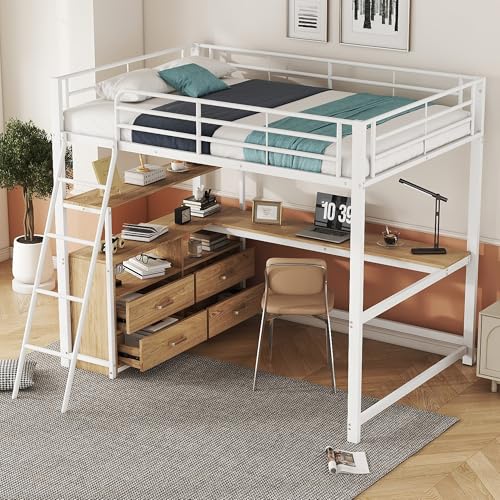 VSOGA Cama alta, 140 x 200 cm, marco de hierro, cajones prácticos, escritorio elegante en forma de L, diseño laminado, sin colchón, blanco