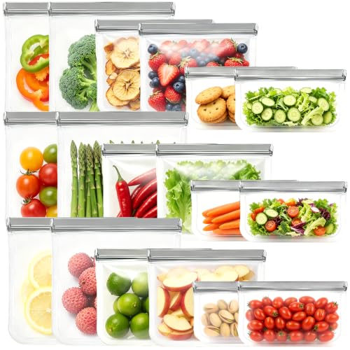 Image of 18 Pack Reusable Lock Bags Silicone, 3 Sizes Leak Proof Freezer Bags, Food Storage Bags Keep for Fresh Fruits Veggie - 6 Gallon 6 Sandwich 6 Snack (Grey)