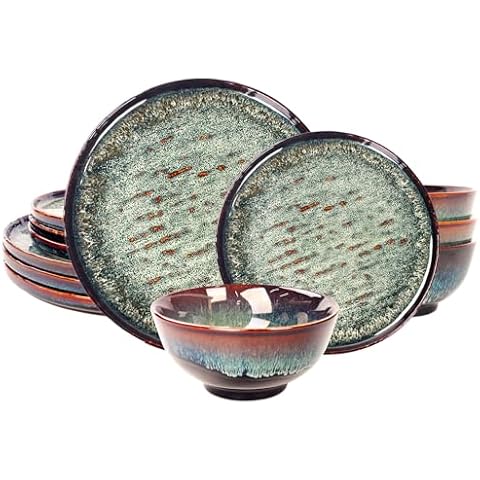 jinsongdafa Dinner Set 12 Pieces - Round Reactive Glaze Tableware - Kitchen Dinnerware Porcelain Crockery with Dinner Plate, Bowl and Soup Plate Service for 4, Microwave Dishwasher Safe, Set (No.3) Cover