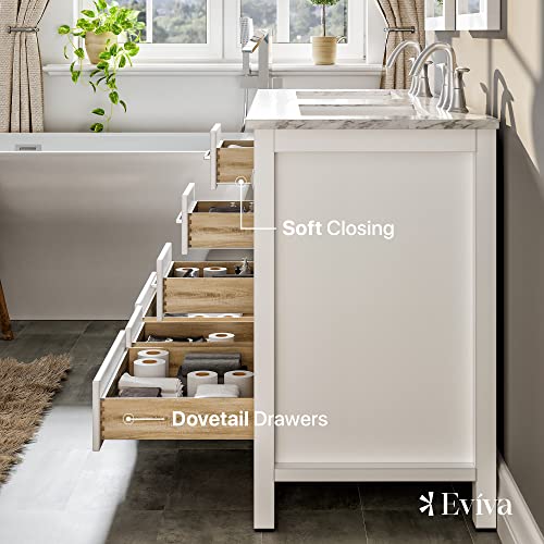 Eviva Luxurious Double Bathroom Vanity - White 60 Inch Bathroom Vanity With Sink - Solid Wood Floor-Mounted Bathroom Sink Cabinet W/Brushed Chrome Handles - Bathroom Vanity With Sinks #TOP5