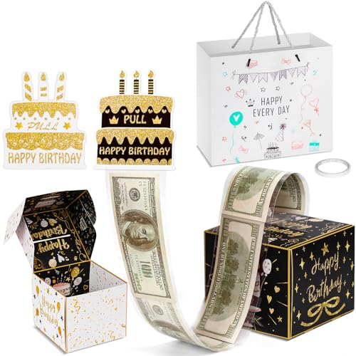 Comkrivy Cash Gift Pull Box Surprise Money Box with 2 Birthday Cards, 100 Pcs Transparent Bags, 2 Sided Tape and Gift Bag for Kids and Adults