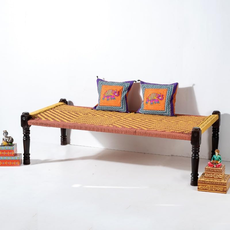 Image of Solid Sheesham Wood Charpai Khat Bed | Wooden Khatiya Charpai Desi | Handcrafted Khatiya Bed with Cotton Rope | Strong Khat for Indoor & Outdoor Use | 6X3 Feet | Orange and Yellow