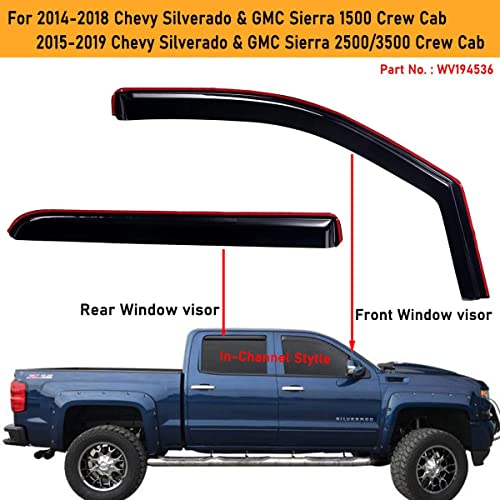 Lightronic Wv194536 In-Channel Side Window Visor Deflector Rain Guard, Dark Smoke, 4 Pcs For 2014-2018 Chevrolet Silverado/Gmc Sierra 1500, 2015-2019 Chevrolet Silverado/Gmc Sierra 2500/3500, Crew Cab #TOP3