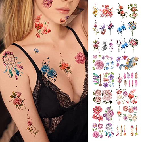 60 Pattern,Colorful small Flower Temporary Tattoos women Girls,tattoo Stickers Waterproof realistic Tattoos for Women Girls adult fake tattoo Flower 16 Sheets | Roarhowl Store