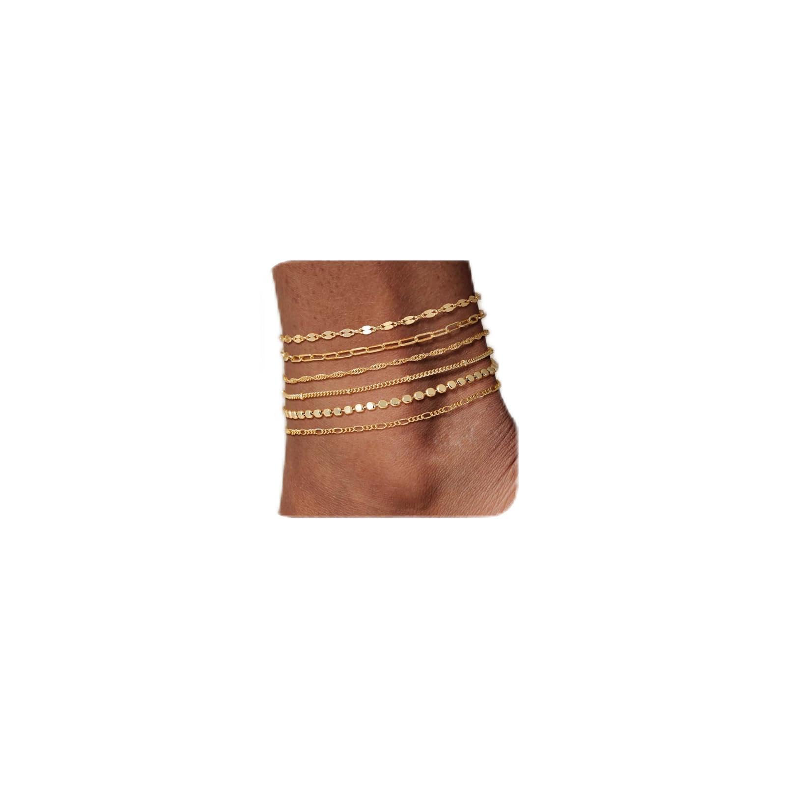 6 Piezas 14K Tobilleras Impermeables para Mujeres, Tobilleras de Oro, Espiga, Caja, Sujetapapeles, Abalorios y Diseño Fígaro, Joyería de Verano