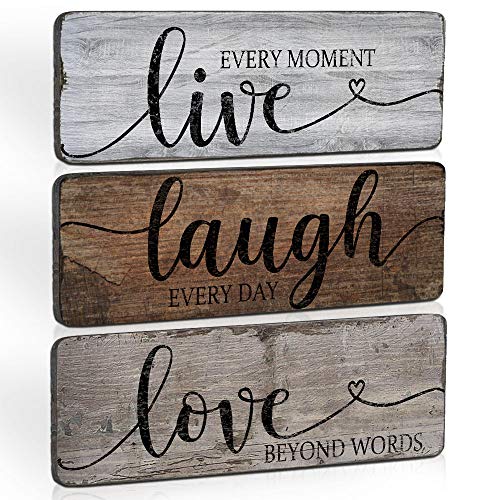 Rustic Home Decor Signs Live Laugh Love Quotes Inspired Wood Hanging Sign for Living Room Bedroom Bathroom Front Door Hallway Office Wall Decor 3-Pack