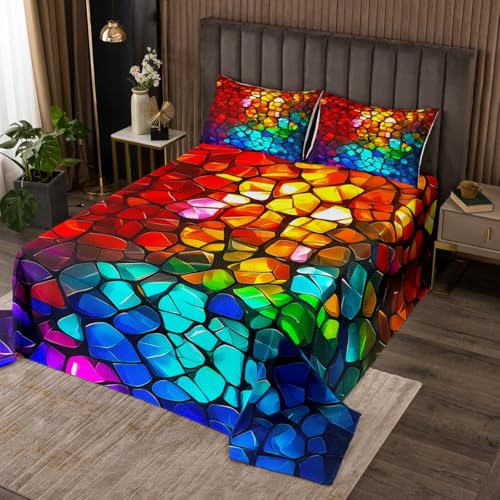 jejeloiu Mosaic Bedspread King Size Kids Stained Glass Coverlet Set Geometric Colorful Quilted Coverlet Microfiber