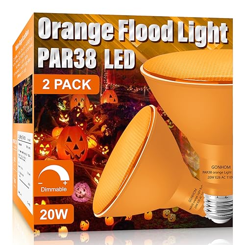 Gonhom PAR38 Flood Lights Outdoor Dimmable LED Flood Light Bulbs 20W(Equivalent to 200W) E26 Base Outdoor Porch Holiday Lighting LED Flood Light Bulb for Halloween Christmas 2 Pack Orange