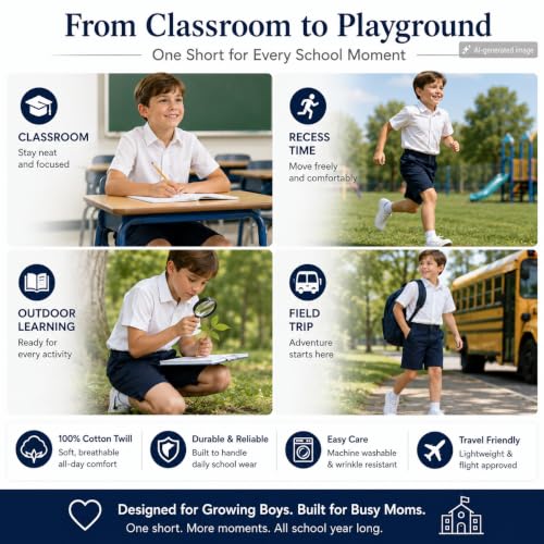 Image of Bienzoe Boys School Uniform Shorts: Flat Front Cotton Bermuda - Adjustable Waist - Breathable for Church Outdoor - Aged 4-13