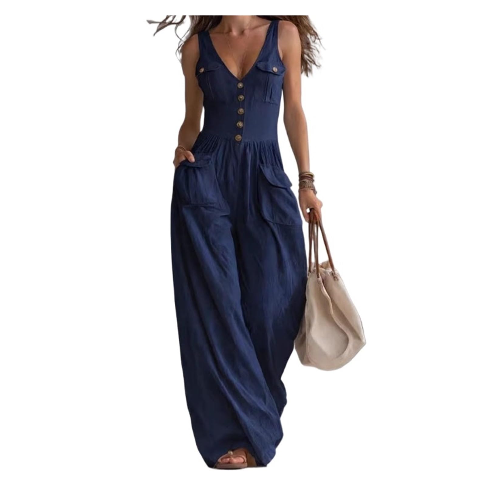 Casual Overall Larga Romper Tuta sexy con scollo a V e gamba larga. Elegante pagliaccetto da donna a vita alta for le vacanze in spiaggia per l'estate
