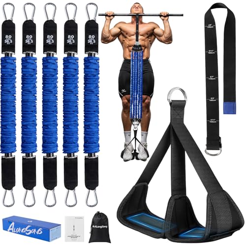 ALongSong Pull Up Assistance Bands with Foot Support Pedal - Upgrade Heavy Duty Resistance Bands Adjustable Weight/Height with 5x80Lbs Bands&Measured Strap for Strength Training Home Gym Core Workout