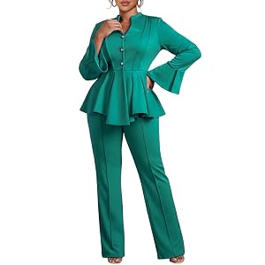 Women Pants Suits 2 Piece Business Long Bell Sleeve Button Peplum Hem Blazer Pants Set