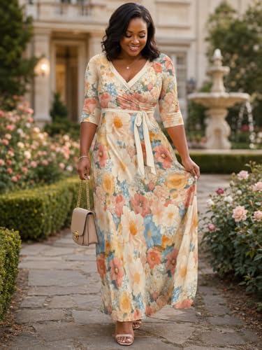 Image of PinkPatty Plus Size Maxi Dresses for Women Casual Flowy Long Dress 3 /4 Sleeve V Neck Wrap Dress with Belt