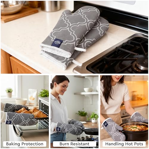 Image of Encasa XO Extra Long 18x35 cm Microwave Oven Gloves Mitts (2 pcs) for Kitchen Cooking - Trellis Grey - Heat Resistant, Thick & Safe, Protection of Hands from Hot Utensils, Gas Flame, Grill, Barbecue