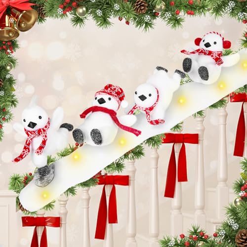 Christmas Stairs Decorations Set with 4PCS Skiing Penguin & Artificial Snow & LED Lamp Belt, for Home Interior Staircase Christmas Decorations